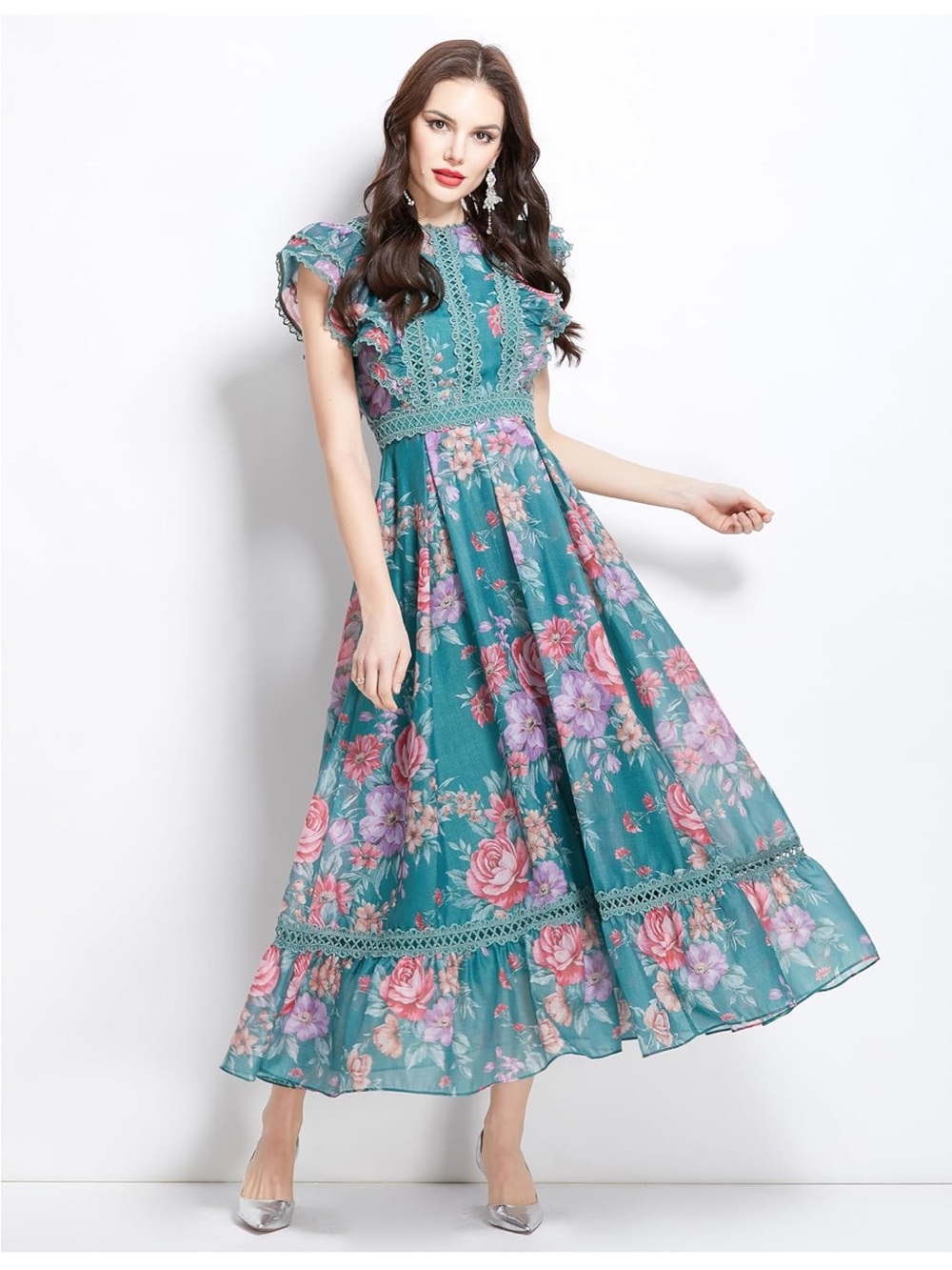 Women’s Chiffon Sleeveless Lace Trim Ruffles Floral Print Maxi Dress